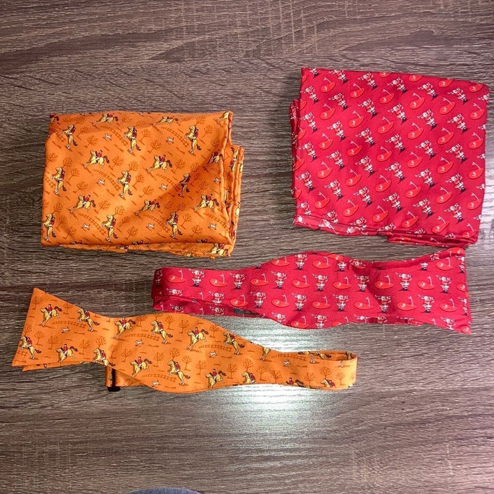 Bundle of 2 Sets Mens Bird Dog Bay Silk Bow Ties & Handkerchief